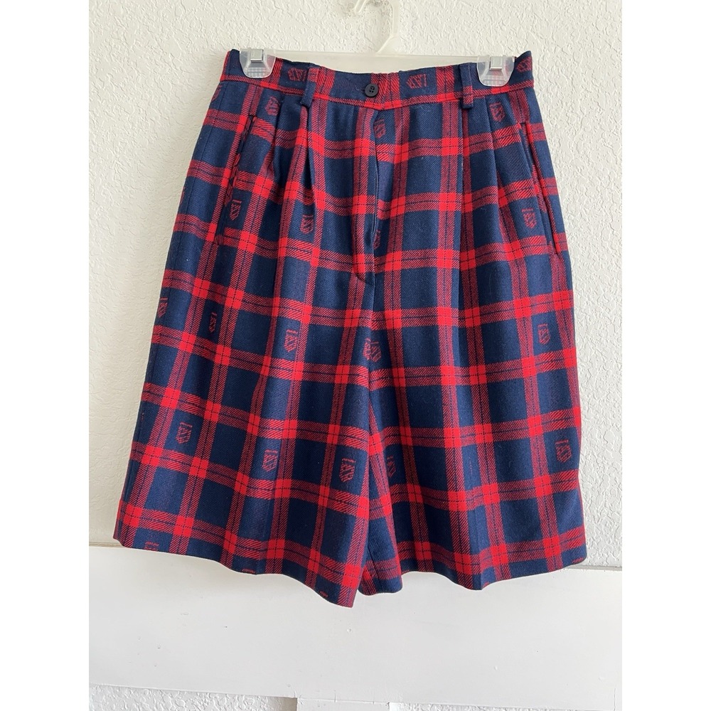 Pendleton Vintage Wool Plaid Crest High Waist Pleated Bermuda Shorts Red Blue 8